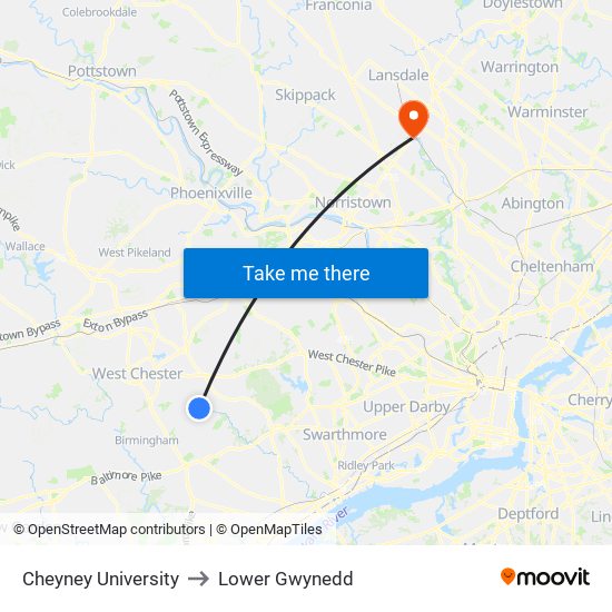 Cheyney University to Lower Gwynedd map