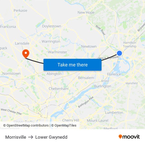 Morrisville to Lower Gwynedd map