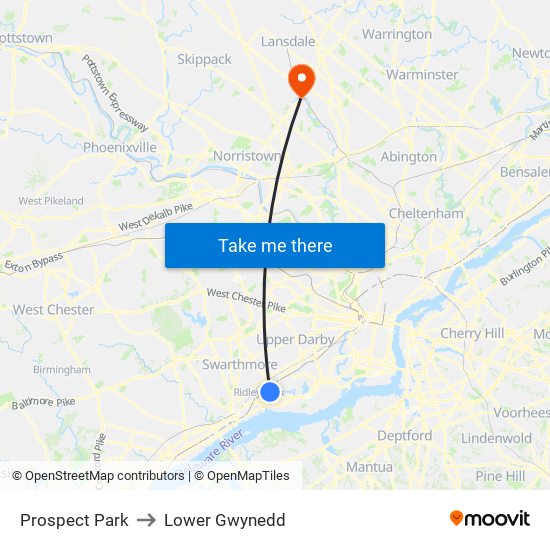 Prospect Park to Lower Gwynedd map