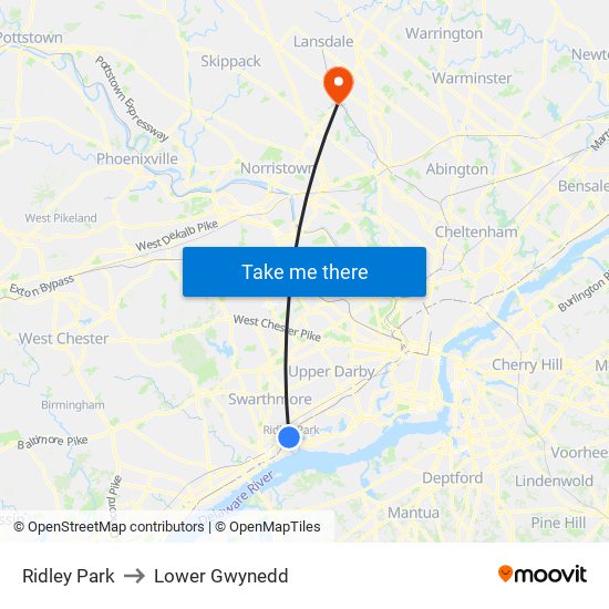 Ridley Park to Lower Gwynedd map