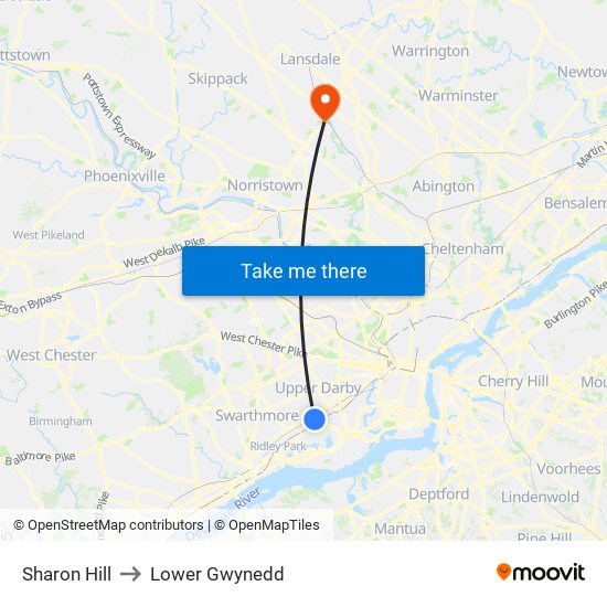 Sharon Hill to Lower Gwynedd map