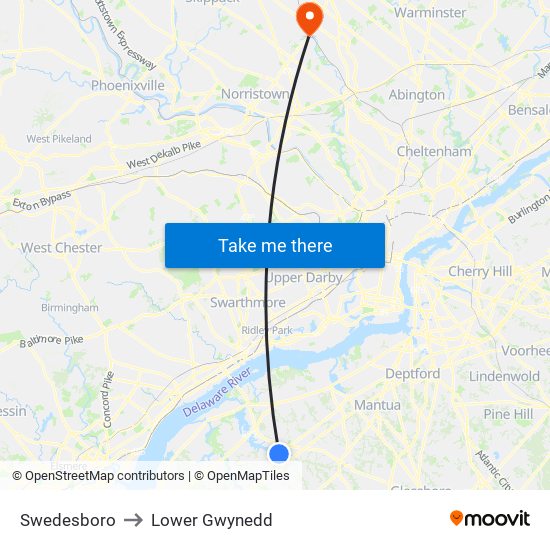 Swedesboro to Lower Gwynedd map