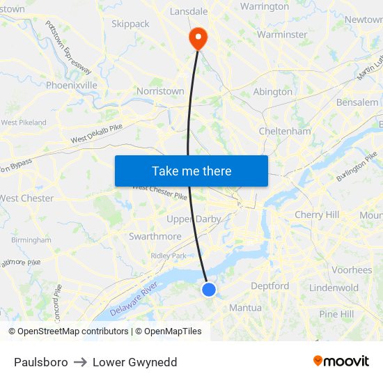 Paulsboro to Lower Gwynedd map