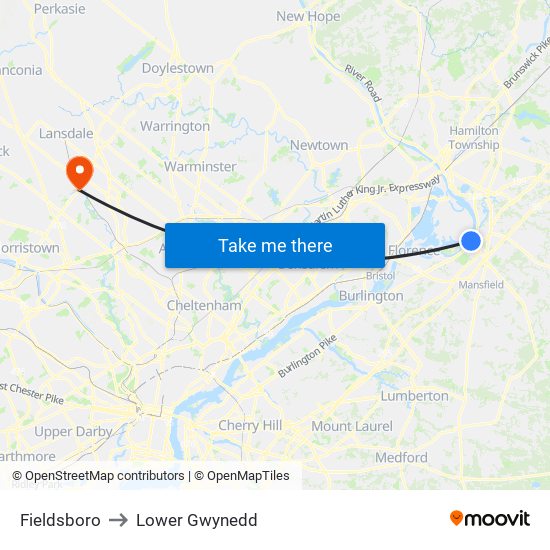 Fieldsboro to Lower Gwynedd map
