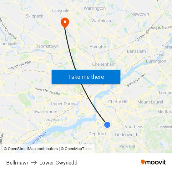 Bellmawr to Lower Gwynedd map