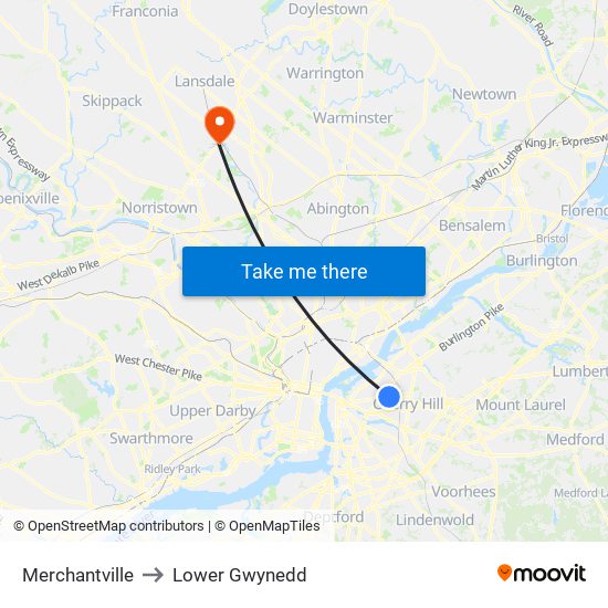 Merchantville to Lower Gwynedd map