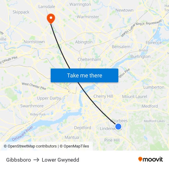 Gibbsboro to Lower Gwynedd map