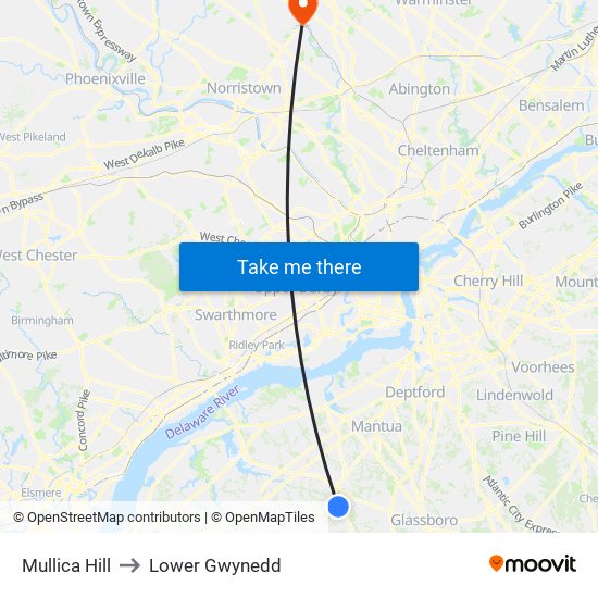 Mullica Hill to Lower Gwynedd map
