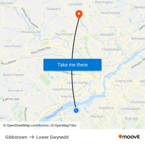 Gibbstown to Lower Gwynedd map