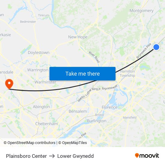 Plainsboro Center to Lower Gwynedd map