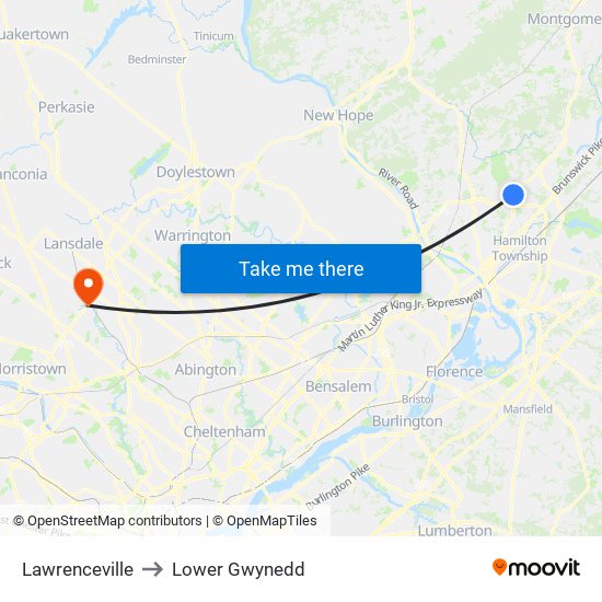 Lawrenceville to Lower Gwynedd map