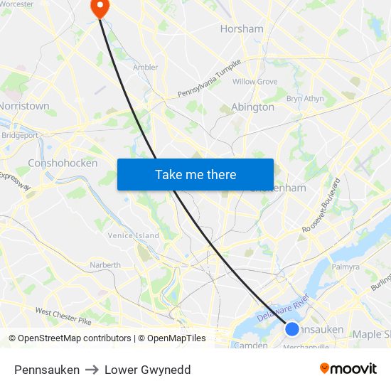 Pennsauken to Lower Gwynedd map