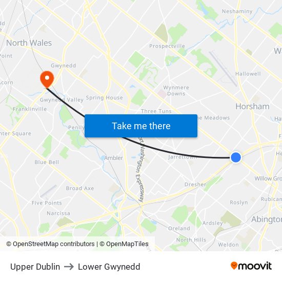 Upper Dublin to Lower Gwynedd map