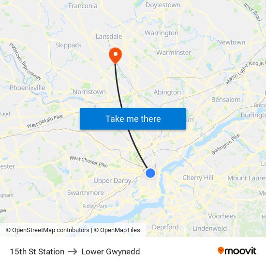 15th St Station to Lower Gwynedd map