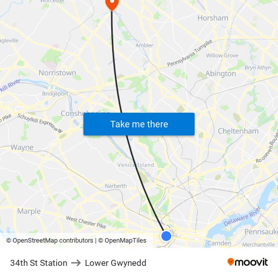 34th St Station to Lower Gwynedd map