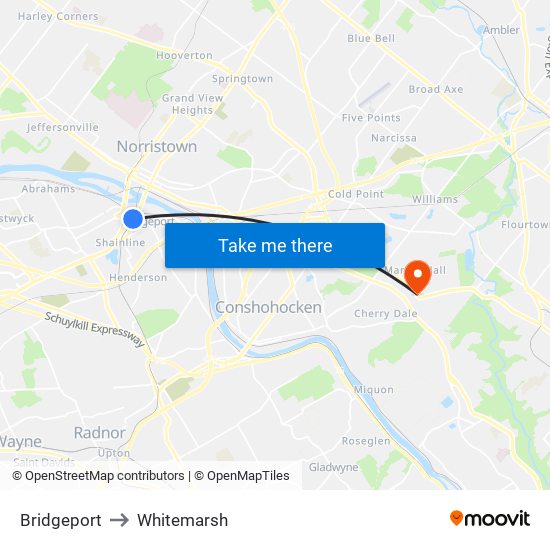 Bridgeport to Whitemarsh map