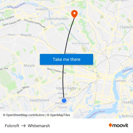 Folcroft to Whitemarsh map