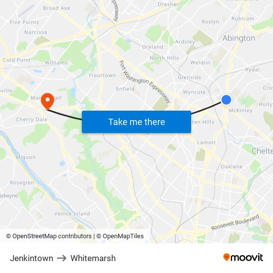 Jenkintown to Whitemarsh map