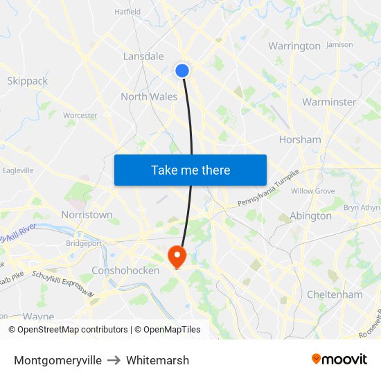 Montgomeryville to Whitemarsh map