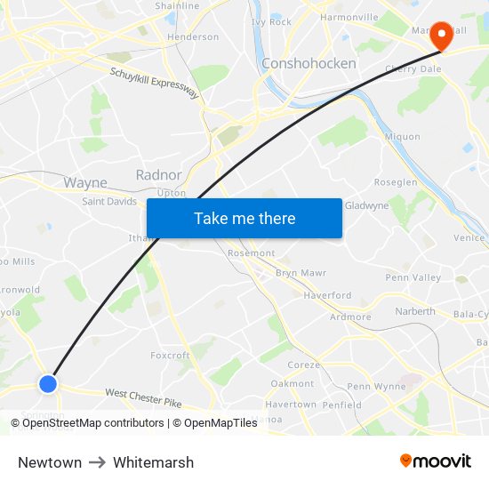 Newtown to Whitemarsh map