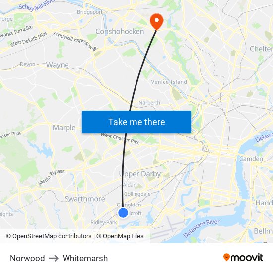 Norwood to Whitemarsh map