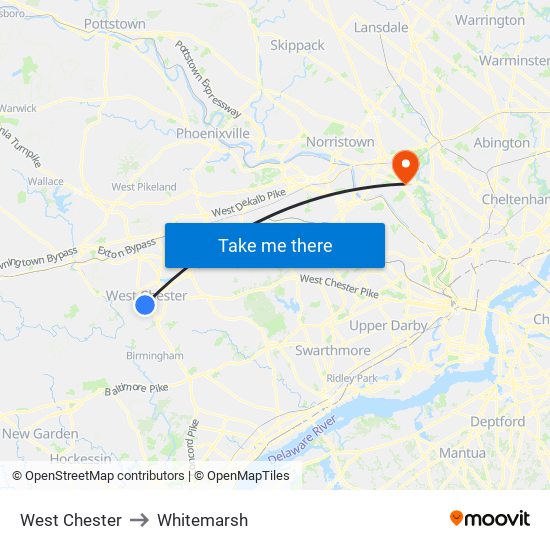 West Chester to Whitemarsh map