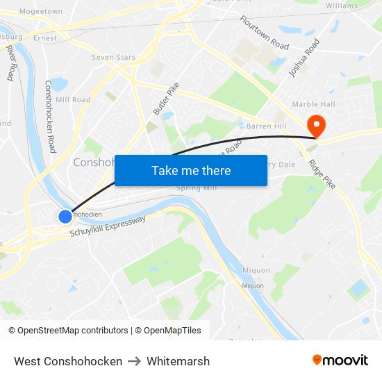 West Conshohocken to Whitemarsh map