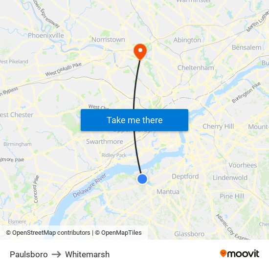 Paulsboro to Whitemarsh map
