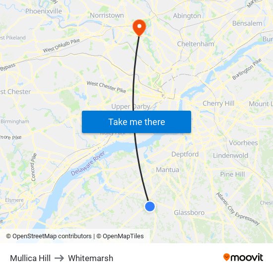 Mullica Hill to Whitemarsh map