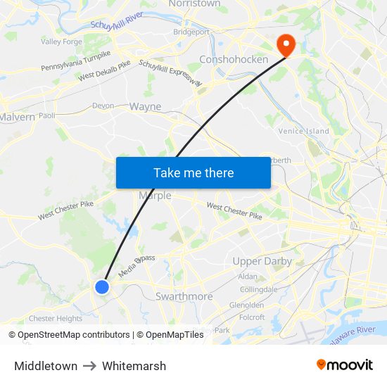 Middletown to Whitemarsh map