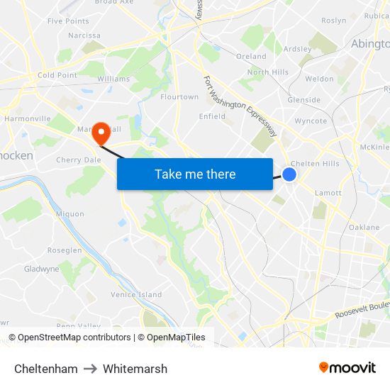 Cheltenham to Whitemarsh map