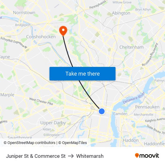 Juniper St & Commerce St to Whitemarsh map