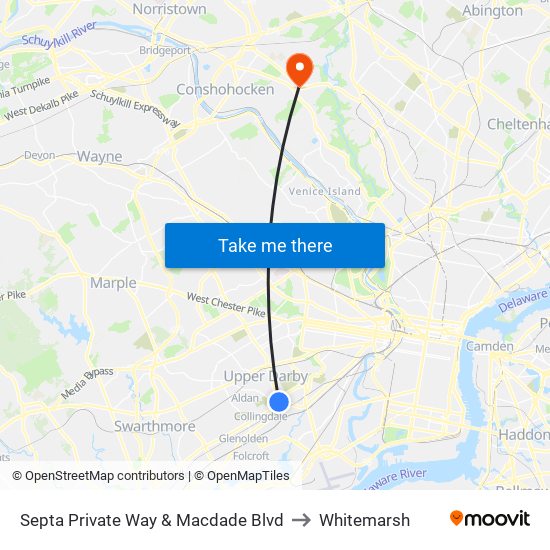 Septa Private Way & Macdade Blvd to Whitemarsh map