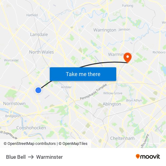 Blue Bell to Warminster map