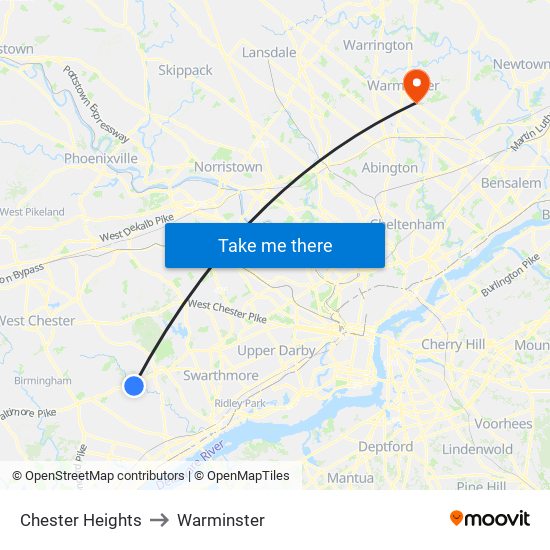 Chester Heights to Warminster map