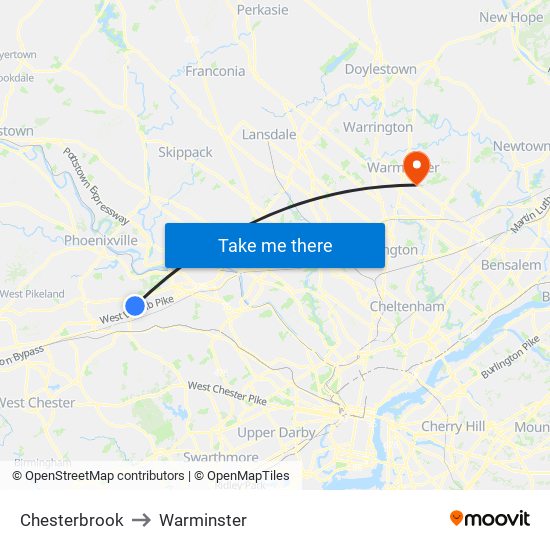 Chesterbrook to Warminster map