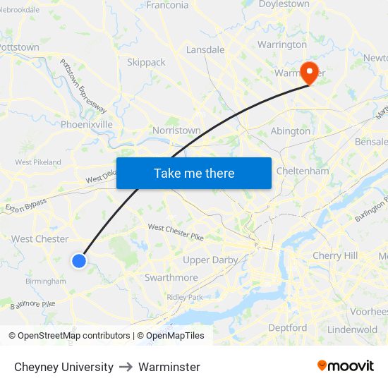 Cheyney University to Warminster map