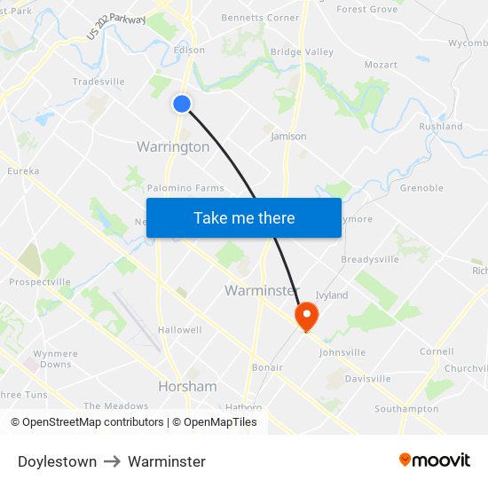 Doylestown to Warminster map