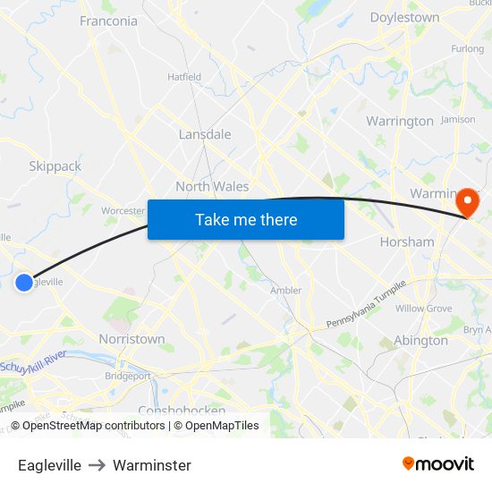 Eagleville to Warminster map