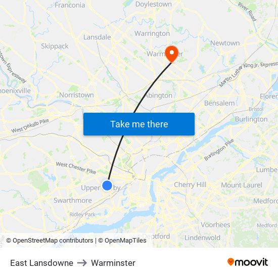 East Lansdowne to Warminster map