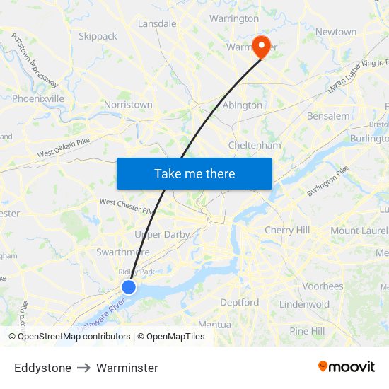 Eddystone to Warminster map