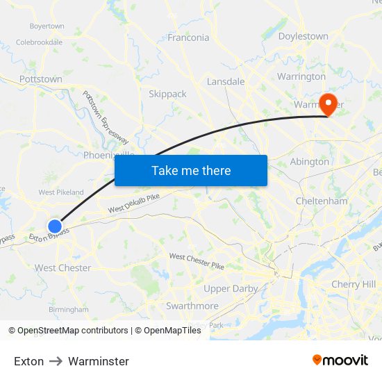 Exton to Warminster map