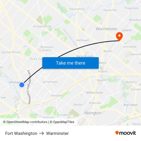 Fort Washington to Warminster map