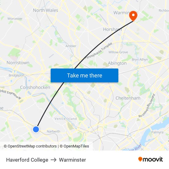Haverford College to Warminster map