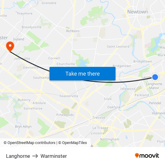 Langhorne to Warminster map