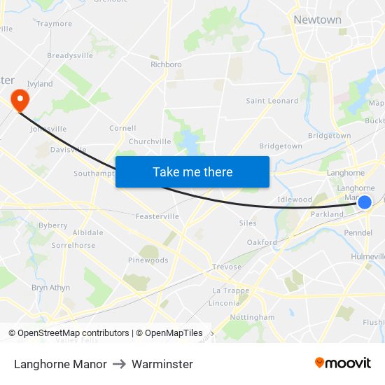 Langhorne Manor to Warminster map