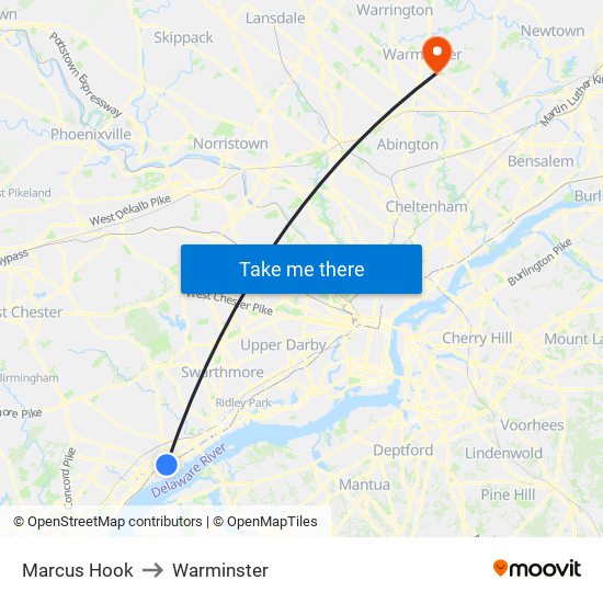 Marcus Hook to Warminster map