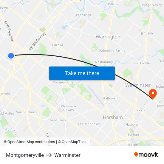 Montgomeryville to Warminster map