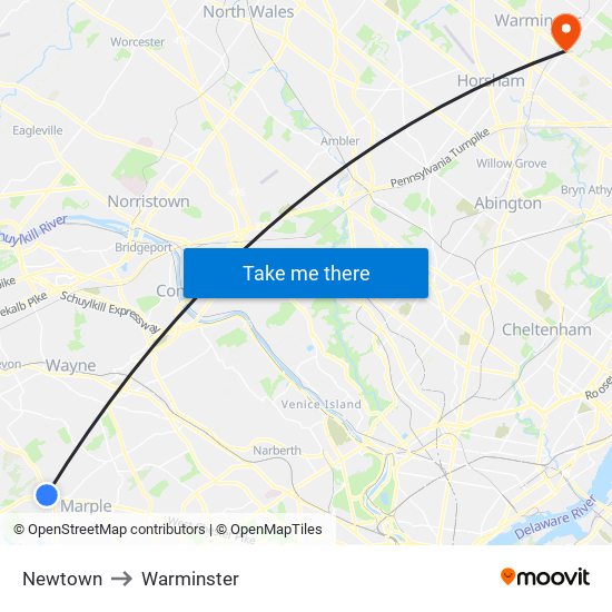 Newtown to Warminster map