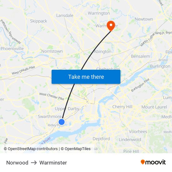 Norwood to Warminster map